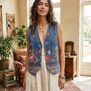 Vintage 90's Vivalidi Floral Print Denim Vest